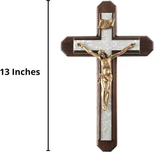 Vista 2 de Crucifijo cruzado de madera de nogal con incrustaciones de epoxi perlado, 13 pulgadas