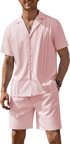 Vista 18 de COOFANDY Conjunto corto de 2 piezas para hombre, camisa con botones Guayabera, casual, trajes de playa de verano Verde militar