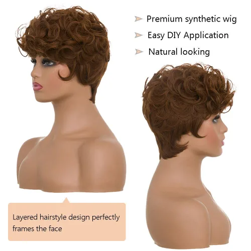 Vista 4 de MOONSHOW - Pelucas cortas de corte Pixie para mujeres negras, peluca de corte Pixie marrón Short Pixie Wigs for Black Women Natural Layered Short