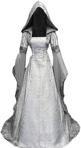 Vista 8 de BITSEACOCO Disfraz de bruja de lujo para mujer, vestido de vampiro con capucha gótico renacentista bordado vintage, vestido de cosplay Rojo vino