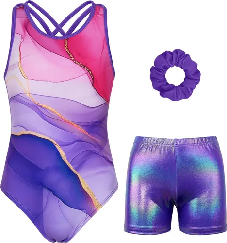 Vista 83 de MODAFANS Leotardos de gimnasia para niñas brillantes para bailar ballet, pantalones cortos con espalda cruzada