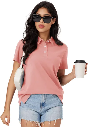 Vista 6 de MAGCOMSEN Camisas polo para mujer que absorben la humedad, 3 botones, camisa de manga corta de algodón, tops casuales