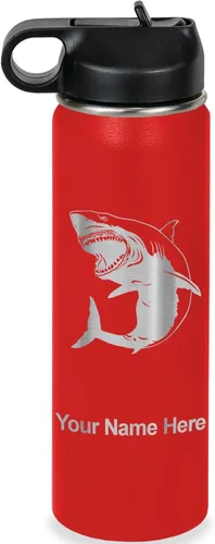 Vista 34 de LaserGram Botella de agua personalizada, gran tiburón blanco, acero inoxidable de doble pared aislada al vacío con popote superior, regalo grabado