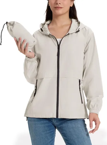 Vista 11 de Chaqueta ligera de lluvia para mujer, impermeable y transpirable, chaqueta con capucha plegable, cortavientos con capucha Beige