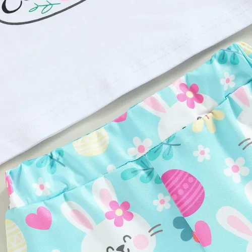 Vista 5 de Conjunto de ropa de verano con estampado de conejoletras, cuello redondo, parte superior de conejozanahoria, campana