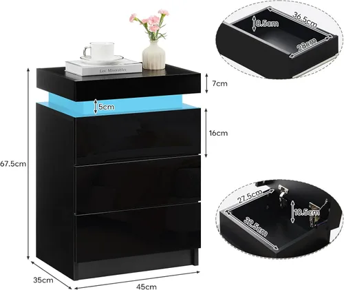 Vista 3 de TUKAILAi Mesita de noche con luz LED, moderna mesita de noche negra con tapa abatible, mesita de noche pequeña con 3 cajones de madera, mesa