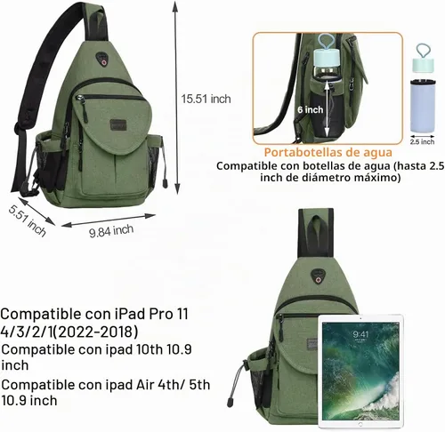 Vista 2 de MOSISO Crossbody Sling Bag for Women, Shoulder Backpack, Hiking Daypack Bag Verde militar