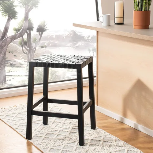 Vista 2 de SAFAVIEH Home Capri Taburete de madera y cuero negro de 27 pulgadas