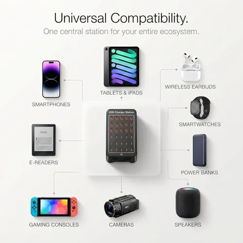 Vista 6 de Estación de carga USB C de 150 W, cargador rápido de múltiples dispositivos de 30 puertos (15 USB-C + 15 USB-A), cargador de escritorio, compatible
