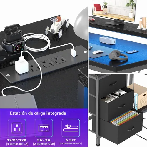 Vista 6 de Patikuin Escritorio en forma de L con tomas de corriente y luces LED, escritorio de computadora con cajones y estantes, escritorio de esquina