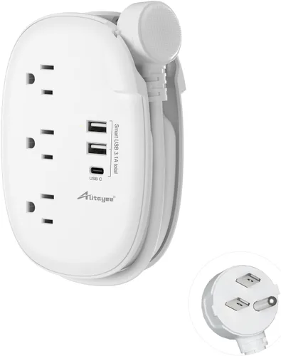 Vista 8 de Alitayee Regleta de alimentación de viaje portátil USB C con 3 tomas, 3 puertos USB, carga rápida, extensor de salida USB extensible con enchufe