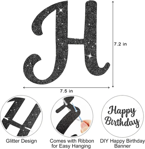 Vista 5 de Letrero de Pancarta de Feliz Cumpleaños Negro con Purpurina, Guirnalda de Cumpleaños Pancartas de Pared y Puerta Bandera para Mujeres Hombres Niños