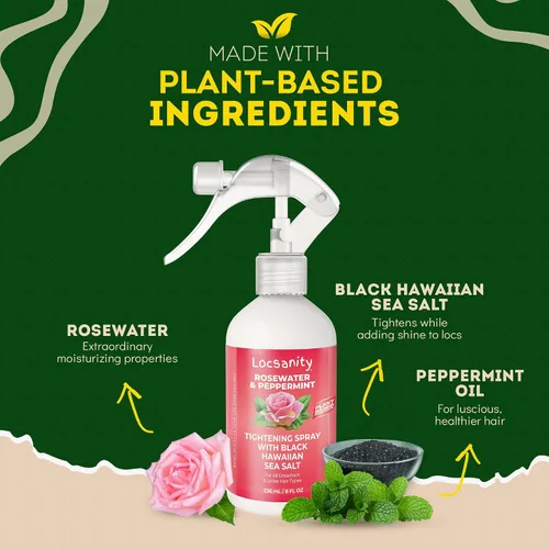 Vista 2 de Locsanity Rosewater Peppermint Loc Spray - 8 oz: Spray Hidratante y Reafirmante de Hidratación con Sal Marina Hawaiana Negra, a Base de Plantas