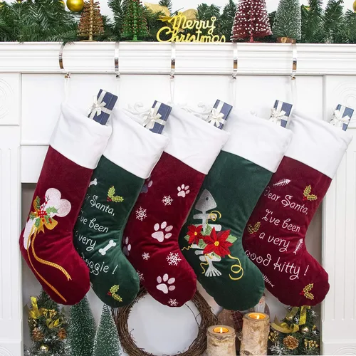 Vista 2 de GEX Medias de Navidad para perro, gato o mascota, de 22 pulgadas, forro acolchado grande, bordado, de lujo, encantador, terciopelo, adornos
