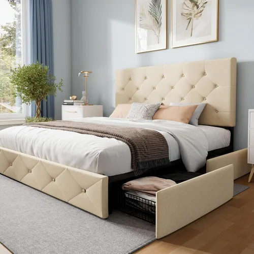 Vista 24 de WEEWAY Base de cama de plataforma de tamaño matrimonial con 4 cajones de almacenamiento, cabecera capitonada con botones de costura de diamante