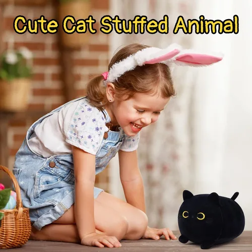 Vista 3 de Almohada de felpa de gato negro, animales de peluche Kawaii de gato negro, linda almohada de gato negro, juguetes de peluche para niños, cumpleaños