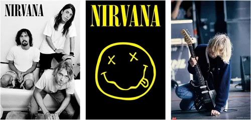 Vista 9 de Nirvana - Juego de póster musical de 3 piezas (Logo - Smiley, Kurt, Krist & Dave In Bathroom, Kurt Live On Stage) (Tamaño: 24" x 36" cada uno)