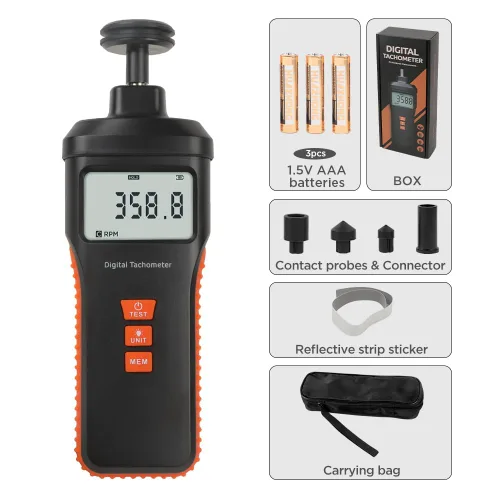 Vista 9 de Tacómetro tacómetro digital de contacto y sin contacto 4 modo de prueba Tacómetro de foto láser 1.0 ~ 99999RPM Tacómetro RPM de alta precisión con 4