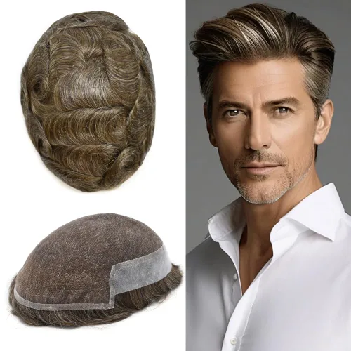 Vista 42 de Mens Toupee Remy Human Hair System For Men Bleached Knot Toupee Hair Piece For Men French Lace Toupee For Men Hairpiece 8X10#17 Dark Ash Blonde 90%