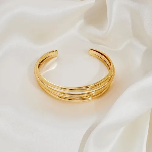 Vista 5 de ENSKEFEN Pulsera dorada para mujer, gruesa y multicapa, con alambre cruzado abierto, hueco, ancho, ajustable, color dorado