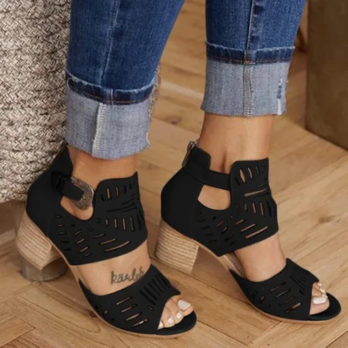 Vista 3 de AIHOU Sandalias de mujer Peep Toe Chunky Tacón Plataforma Sandalias Casual Verano Plana Cuña Corte Hebilla Sandalias para Mujer