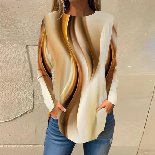 Vista 2 de Camisa para mujer estampado de mármol ropa de manga larga dobladillo túnica irregular cuello redondo blusa holgada