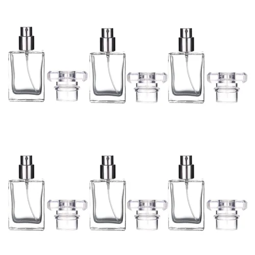 Vista 9 de Paquete de 6 botellas de perfume recargables de 1.0 fl oz / 1 onza, botella de perfume de vidrio vacía cuadrada portátil con 4 tipos de paquete de 3