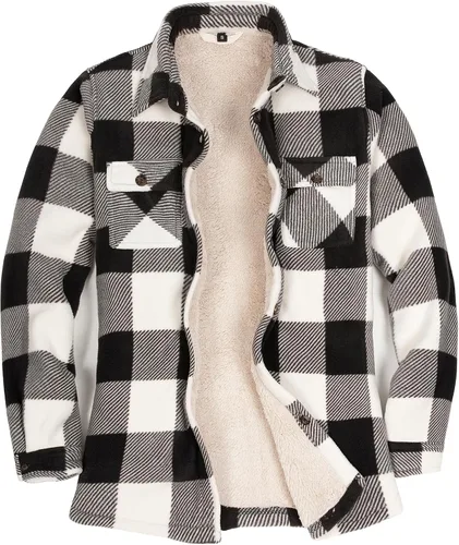 Vista 8 de Lisskolo Chaqueta tipo camisa con forro polar para mujer con bolsillos para las manos, chaqueta de forro polar Sherpa con botones a cuadros, ropa