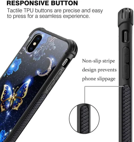 Vista 3 de Funda compatible con iPhone XS, funda para niñas y mujeres, cielo azul, flor, luna y mariposa