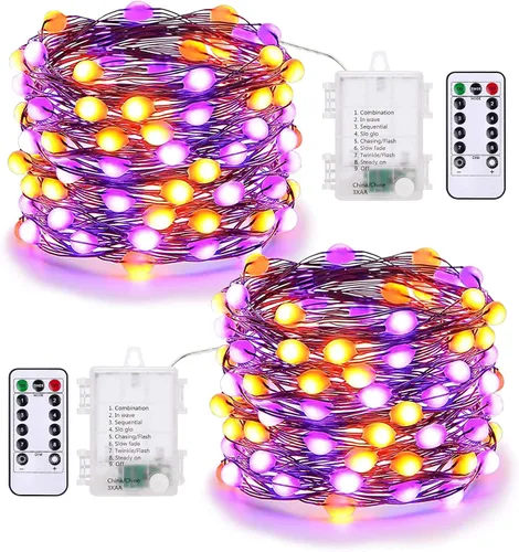 Vista 10 de BrizLabs Luces naranjas de Halloween, paquete de 4 luces LED de 19.47 pies, 60 luces LED naranjas, 2 modos de batería, cadena de luces de Halloween