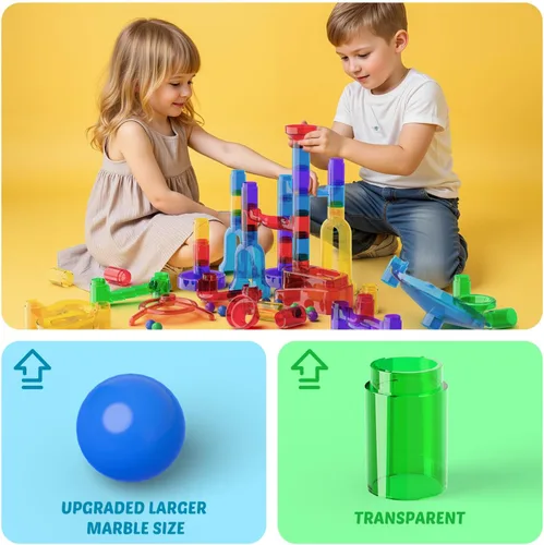 Vista 9 de MaxTronic Kit de carrera de canicas para niños, kit de laberinto de mármol mejorado de 0.630 in, canicas de 109 piezas, bloques de construcción