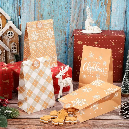 Vista 3 de Containlol Paquete de 24 Bolsas de Regalo de Navidad Copo de Nieve Kraft Bolsas de Envoltura Goodie Bolsas de Favores de Fiesta de Navidad Bolsa