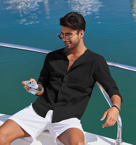 Vista 2 de COOFANDY Camisa de algodón y lino para hombre, camisa de playa casual con botones y manga larga