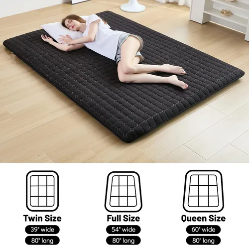 Vista 4 de Zelladorra Japanese Floor Mattress Twin, Anti-Slip Japanese Futon Roll Up Tatami Mat for Guests, Black