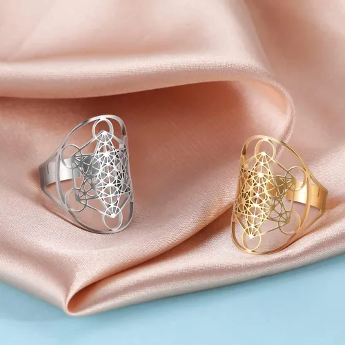 Vista 6 de Amaxer Metatron's - Anillo de acero inoxidable con diseño de arco y metatrón, para mujer, con banda abierta