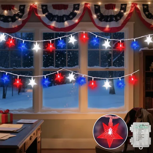 Vista 6 de LAMPHOME Guirnalda de luces LED de estrella roja, blanca y azul, 20 luces LED de hadas con cable transparente, 3 AA impermeables, 8 modos, luces