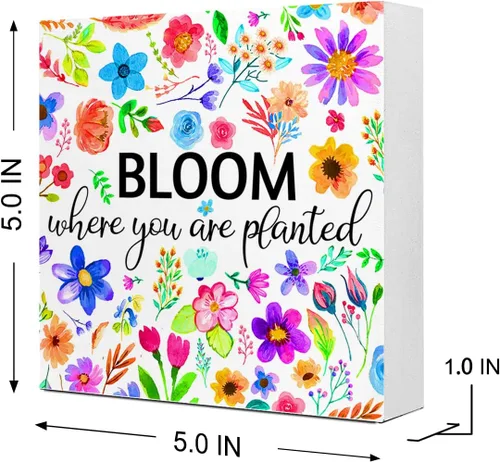 Vista 2 de Decoración de escritorio de primavera, letrero de madera con texto en inglés "Bloom Where You Are Planted", decoración de escritorio de flores