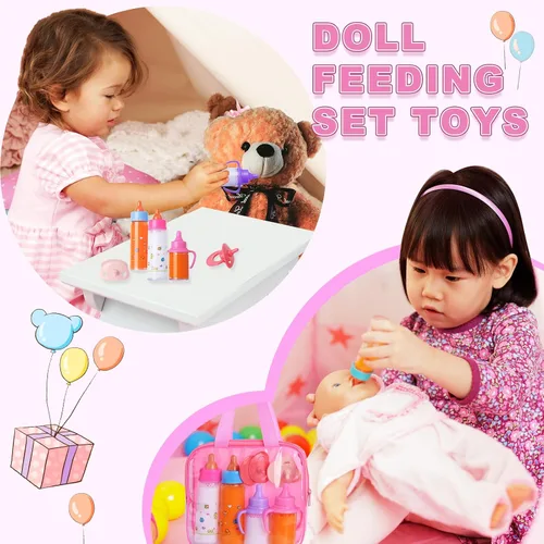 Vista 4 de Juego de accesorios de biberones para muñecas de bebé, 2 botellas de leche y 2 botellas de jugo y 2 chupetes de juguete (rosa)