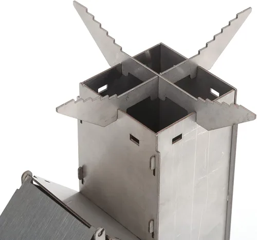 Vista 7 de Estufa de cohete para cocinar, estufa de cohete portátil de acero inoxidable para mochileros, mini estufa de leña desmontable resistente