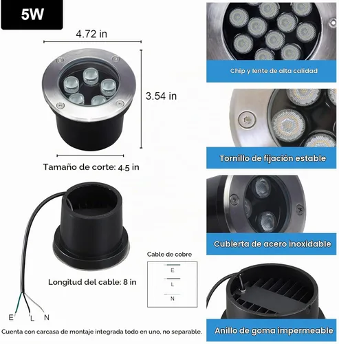 Vista 2 de Luces de suelo para exteriores de 5 W, voltaje de línea 110 V 120 V, iluminación impermeable de paisaje cableada, lámpara subterránea empotrada