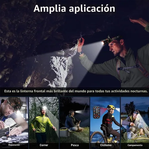 Vista 8 de Linterna frontal recargable de 90000 lúmenes, lámpara de cabeza ultra brillante, luz de casco duro con zoom, IPX54, accesorios de campamento, 6