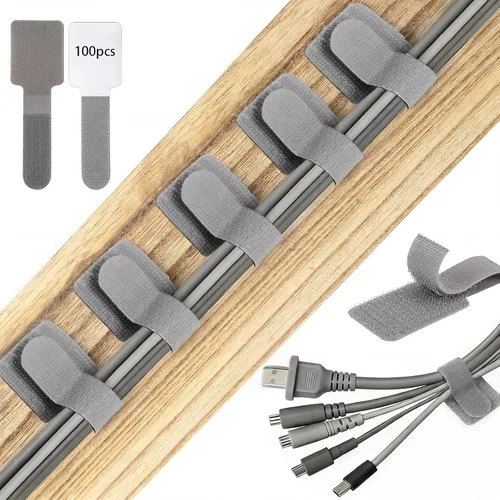 Vista 7 de 100 bridas de para cables, correas autoadhesivas para organizar cables de escritorio, organizador de cables ajustable para escritorio, hogar, Blanco