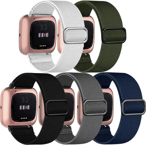 Vista 10 de Paquete de 5 bandas compatibles con Fitbit Versa 2 para mujeres/Versa Lite/SE, suave banda de nylon trenzada ajustable para un solo bucle