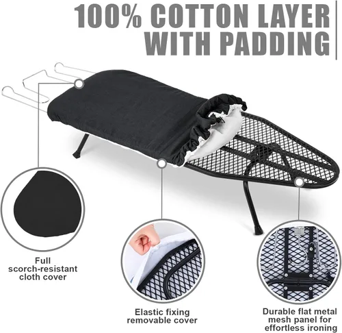 Vista 4 de Tioncy Tabla de planchar plegable de metal con soporte de hierro, tabla de planchar portátil de metal, pequeña con cubierta de algodón resistente al
