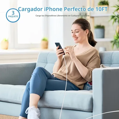 Vista 7 de Cargador rápido para iPhone de 10 pies, [certificado Apple MFi], paquete de 3 bloques de cargador USB C con cable tipo C a Lightning de 10 pies