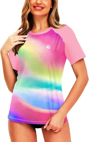 Vista 113 de AOBUTE Camisetas de natación de manga corta para mujer con protección solar degradada