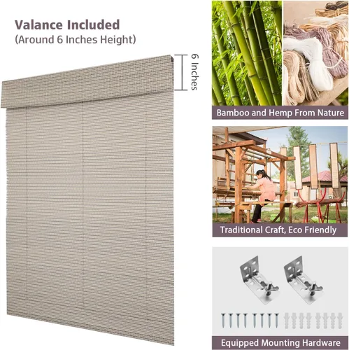 Vista 6 de Persianas romanas de bambú, persianas de madera tejidas a medida, sin cordón, color gris beige, persianas de bambú natural para puertas y ventanas