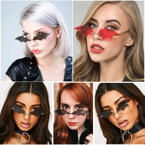 Vista 3 de LASPOR Lentes de sol retro sin montura para mujeres y hombres, pequeños lentes de murciélago vintage, novedosos lentes de metal sin marco