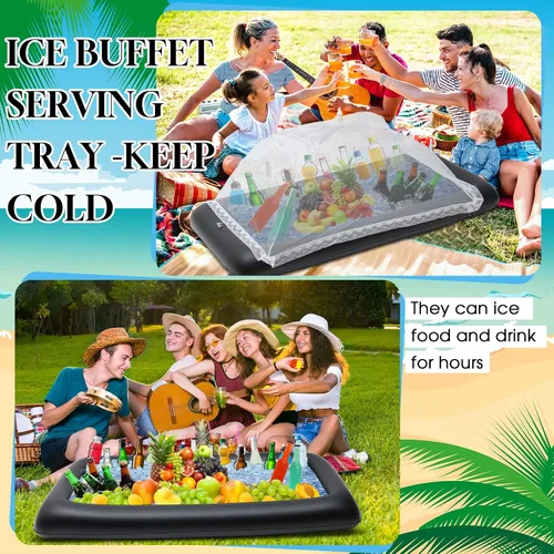 Vista 4 de Leitee - Kit de 5 barras inflables para servir con hieleras, color negro Bandeja de buffet de ensalada con tapón de drenaje, cubierta de malla