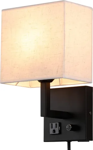 Vista 9 de Aplique de pared enchufable, lámpara de pared de cabecera con enchufe y interruptor regulable, con puerto de carga USB y toma de corriente, adecuado